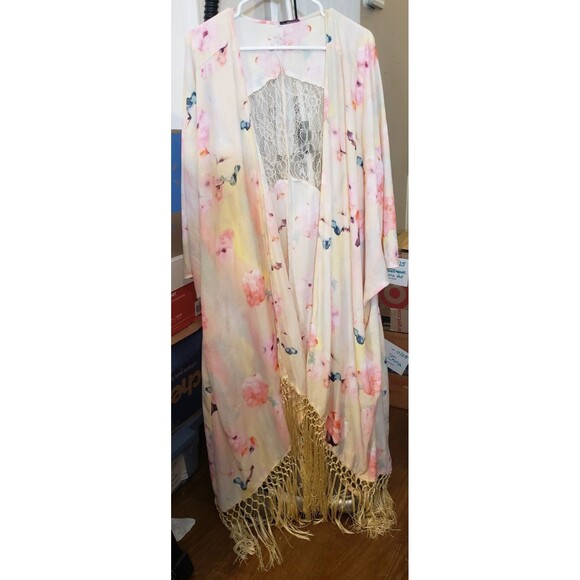 NWOT - Melissa McCarthy Seven7 - Long Floral Kimono with Lace & Fringe - Size 3X - Picture 1 of 6